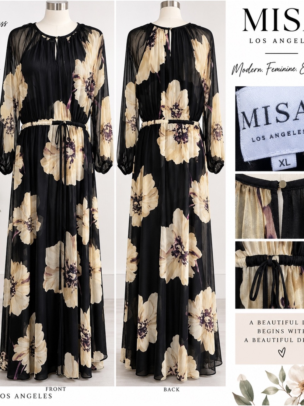 MISA Los Angeles XL Black Floral Sheer Long Sleeve Maxi Dress